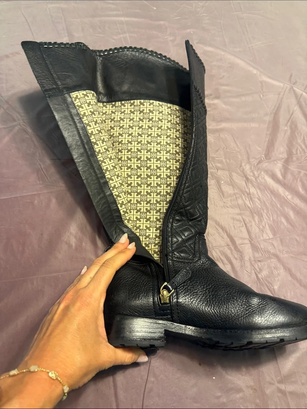 Tory Burch Marion Quilted Tall Riding Boot Black Leather Size 5.6 MSRP $598